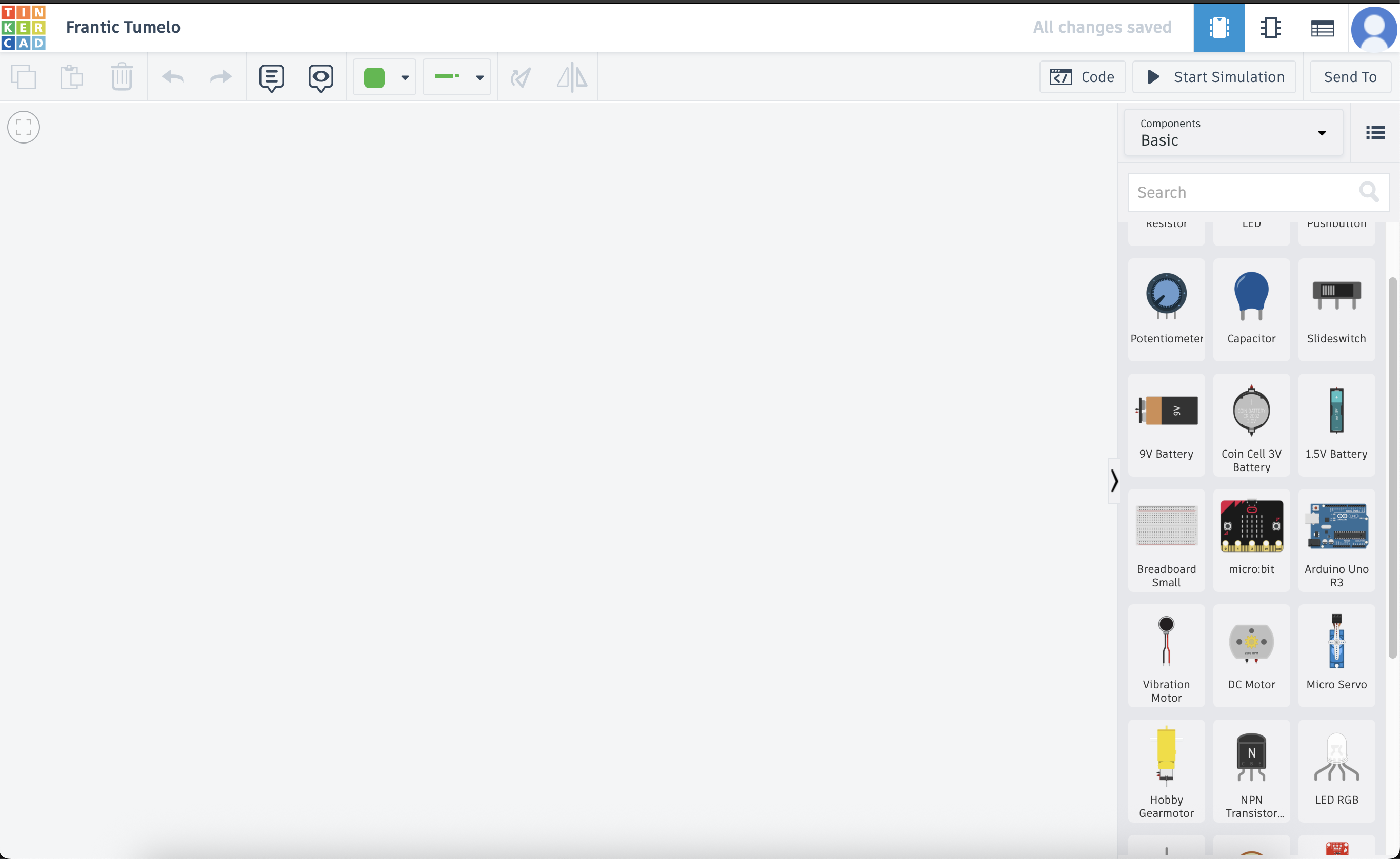 Tinkercad Circuits workspace with the component panel on the right and the empty workplane in the center.